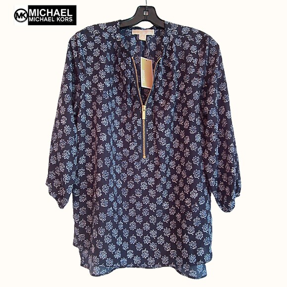 MICHAEL Michael Kors Tops - MICHAEL Michael Kors NEW Real Navy Vine-Leaf Zip 3/4 Sleeve Top
